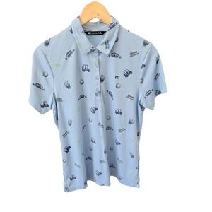 Travis Mathew Polo Shirt Mens Medium Blue All Over Corona Beer Golf Embroidered